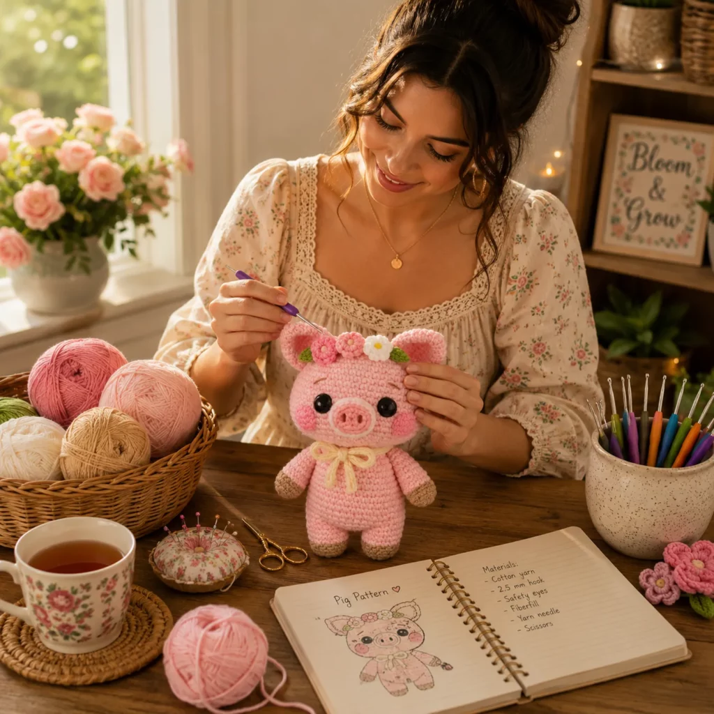 Crochet Pig Amigurumi Crochet Pattern With Flower Crown, Sweet Snout, and Tiny Hooves (photo 2)