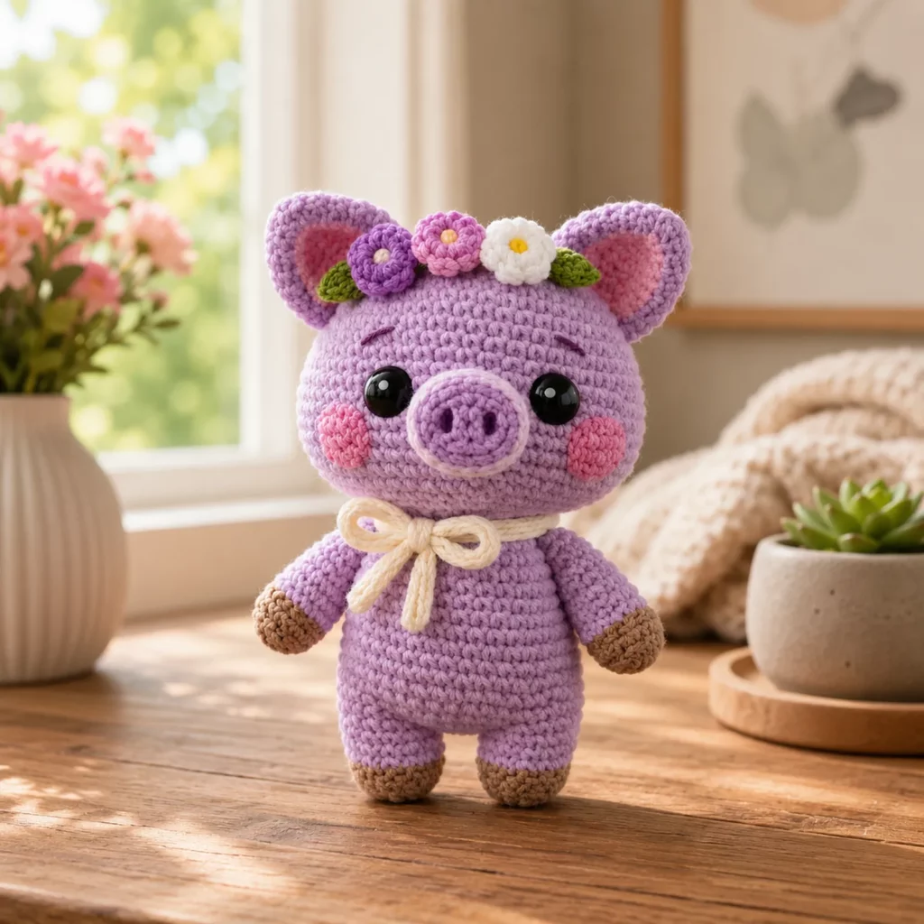 Crochet Pig Amigurumi Crochet Pattern With Flower Crown, Sweet Snout, and Tiny Hooves (photo 1)