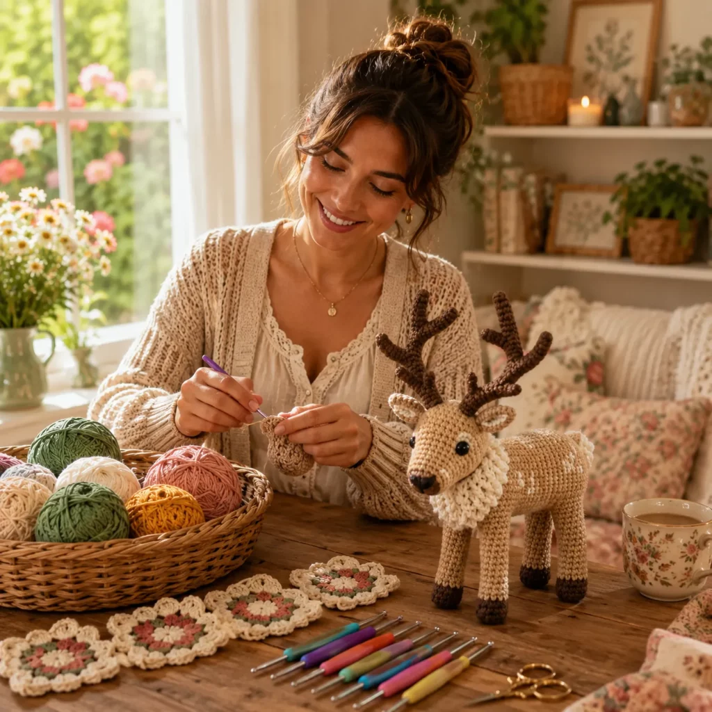 Crochet Reindeer Amigurumi Crochet Pattern With Antlers, Fluffy Neck Ruff, and Standing Legs (photo 2)