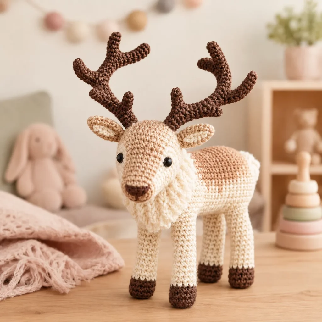 Crochet Reindeer Amigurumi Crochet Pattern With Antlers, Fluffy Neck Ruff, and Standing Legs (photo 1)