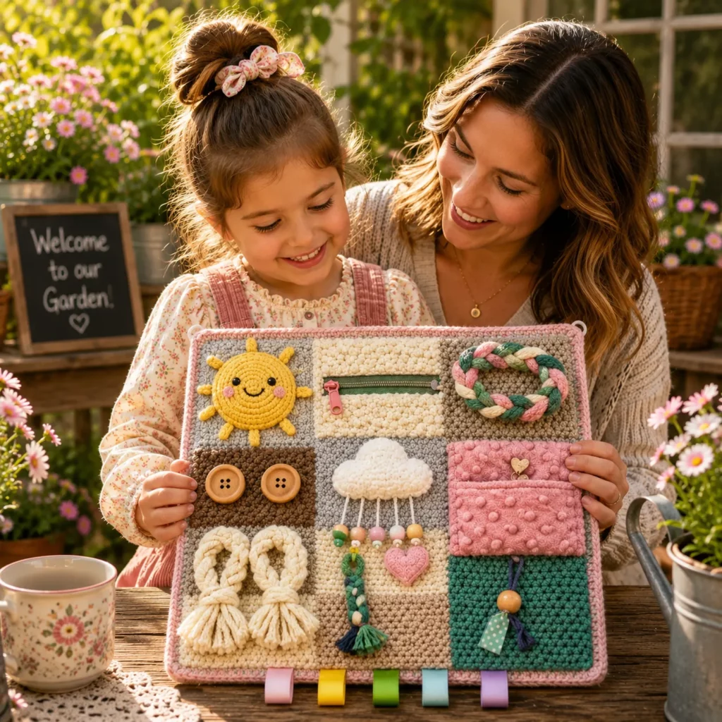 Crochet Sensory Busy Board Blanket Pattern: DIY Activity Lap Mat With Zipper, Buttons, Braids, and Texture Squares (photo 3)