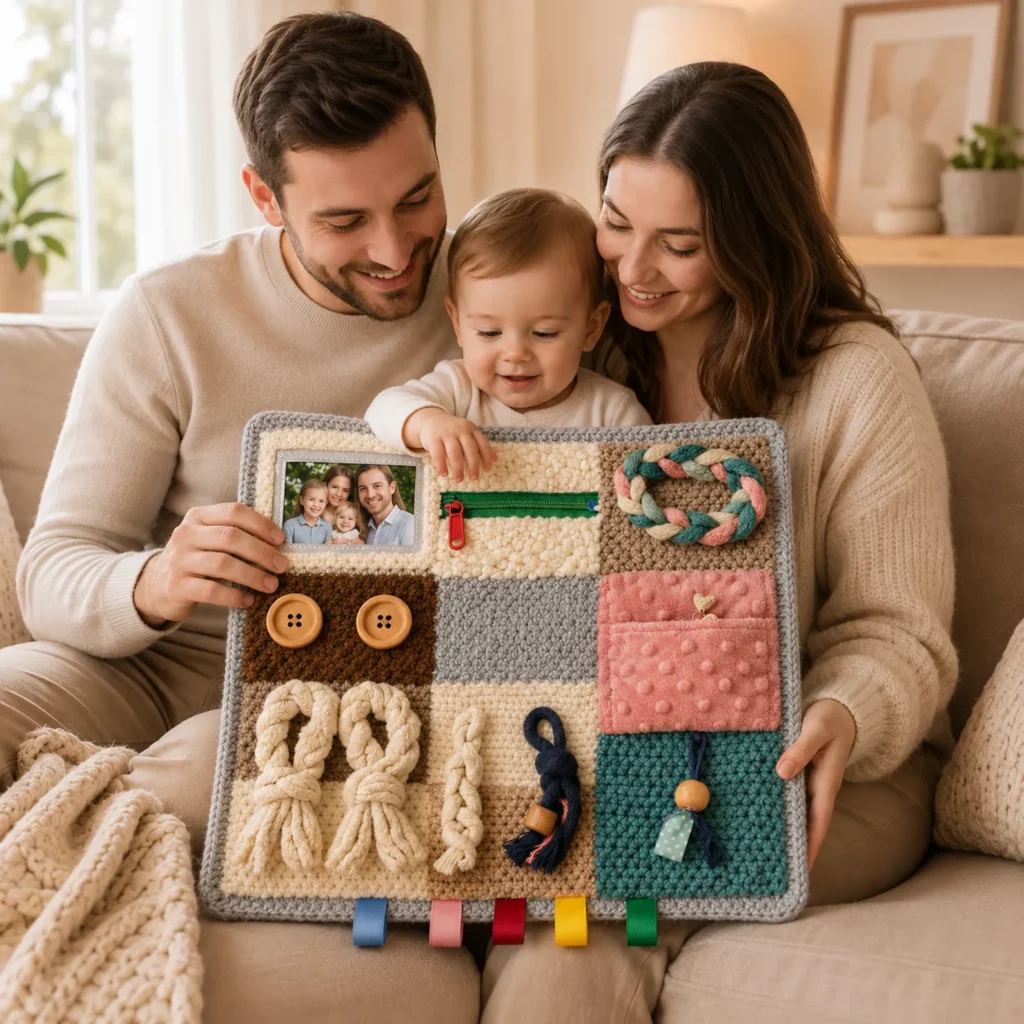 Crochet Sensory Busy Board Blanket Pattern: DIY Activity Lap Mat With Zipper, Buttons, Braids, and Texture Squares (photo 1)