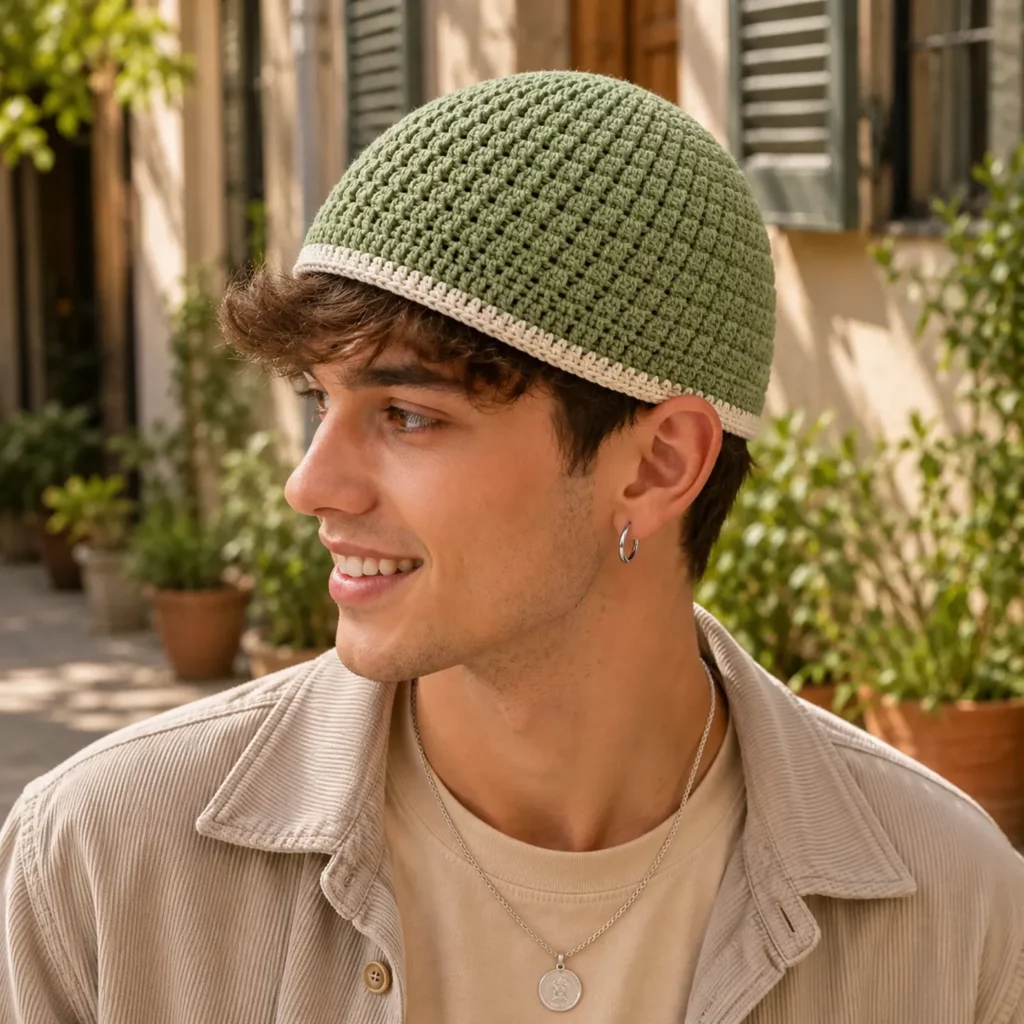 Crochet Skullcap Beanie Pattern: Easy Men’s Kufi-Style Hat With Clean Texture and Two-Color Band (photo 1)