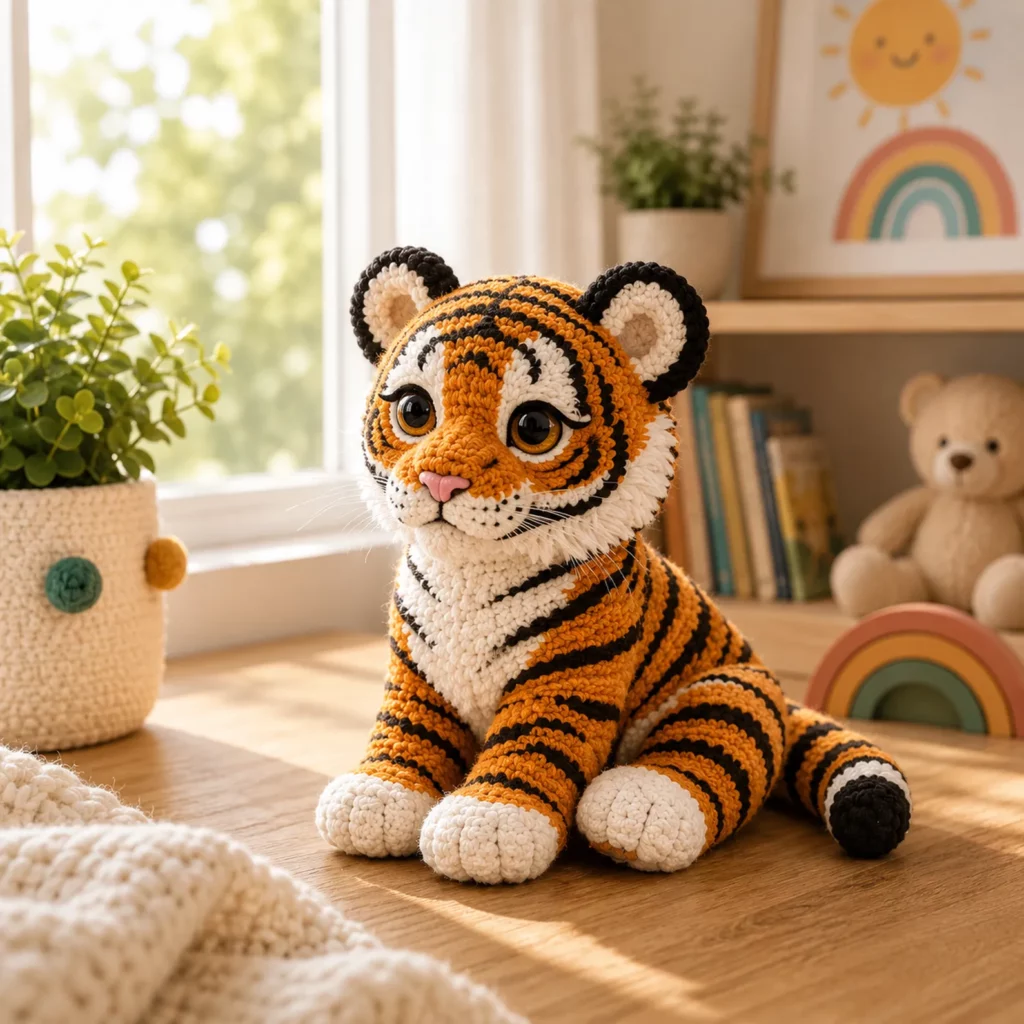 Crochet Tiger Cub Amigurumi Crochet Pattern With Cute Stripes, White Muzzle, and Big Paws (photo 1)