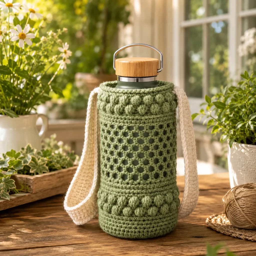 Crochet Water Bottle Holder Pattern: Easy Mesh Sling With Bobble Texture and Adjustable Strap (photo 1)