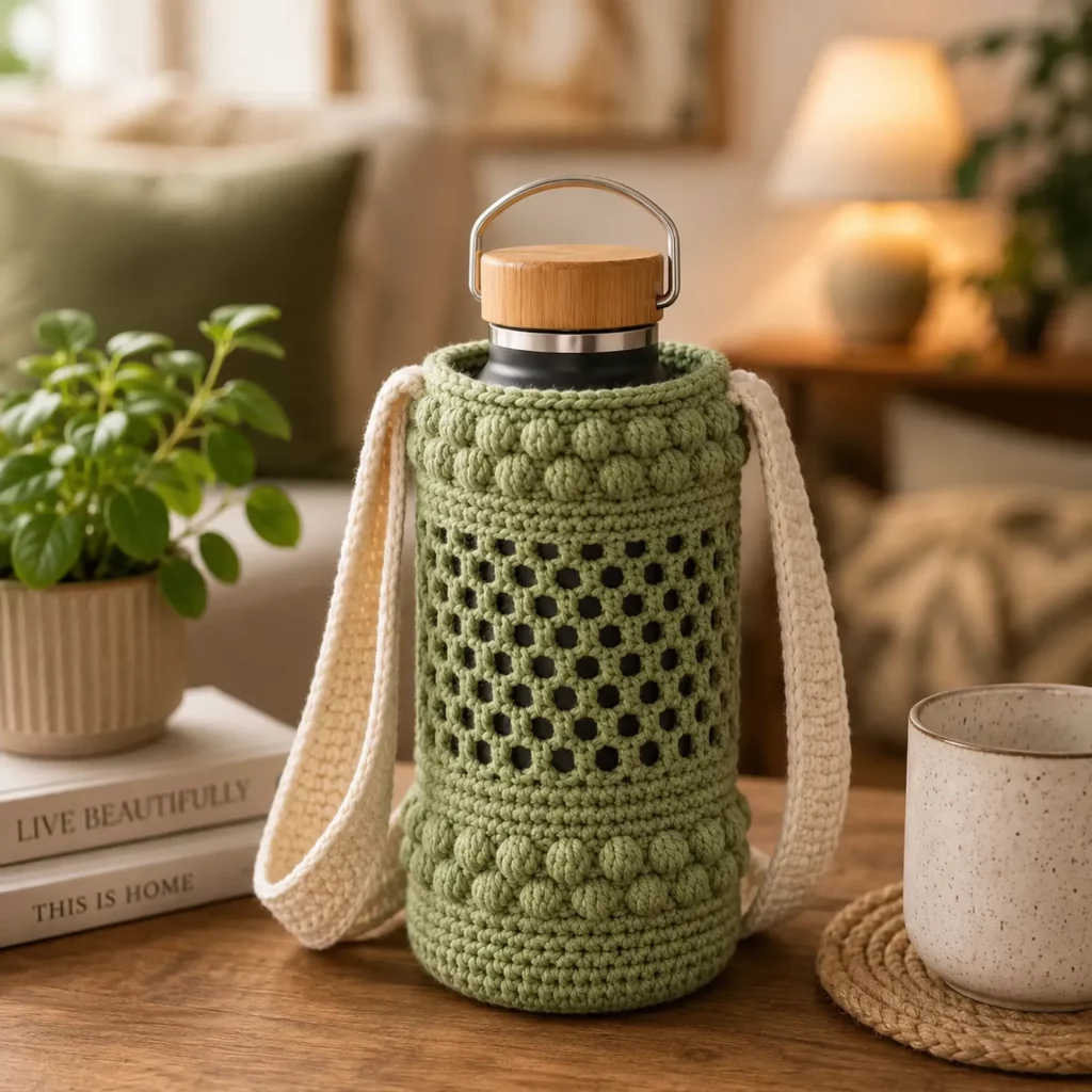 Crochet Water Bottle Holder Pattern: Easy Mesh Sling With Bobble Texture and Adjustable Strap (photo 3)