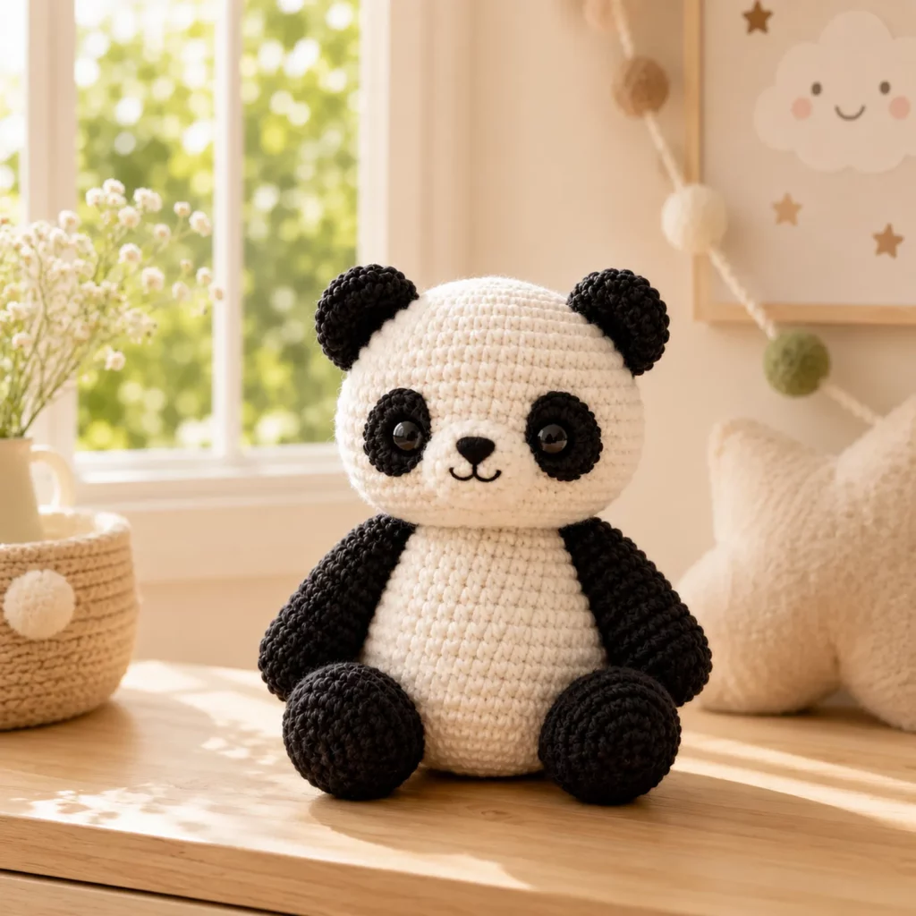 Cute Panda Amigurumi Crochet Pattern for Beginners With Black Patches, Round Belly, and Cozy Plush Shape (photo 1)