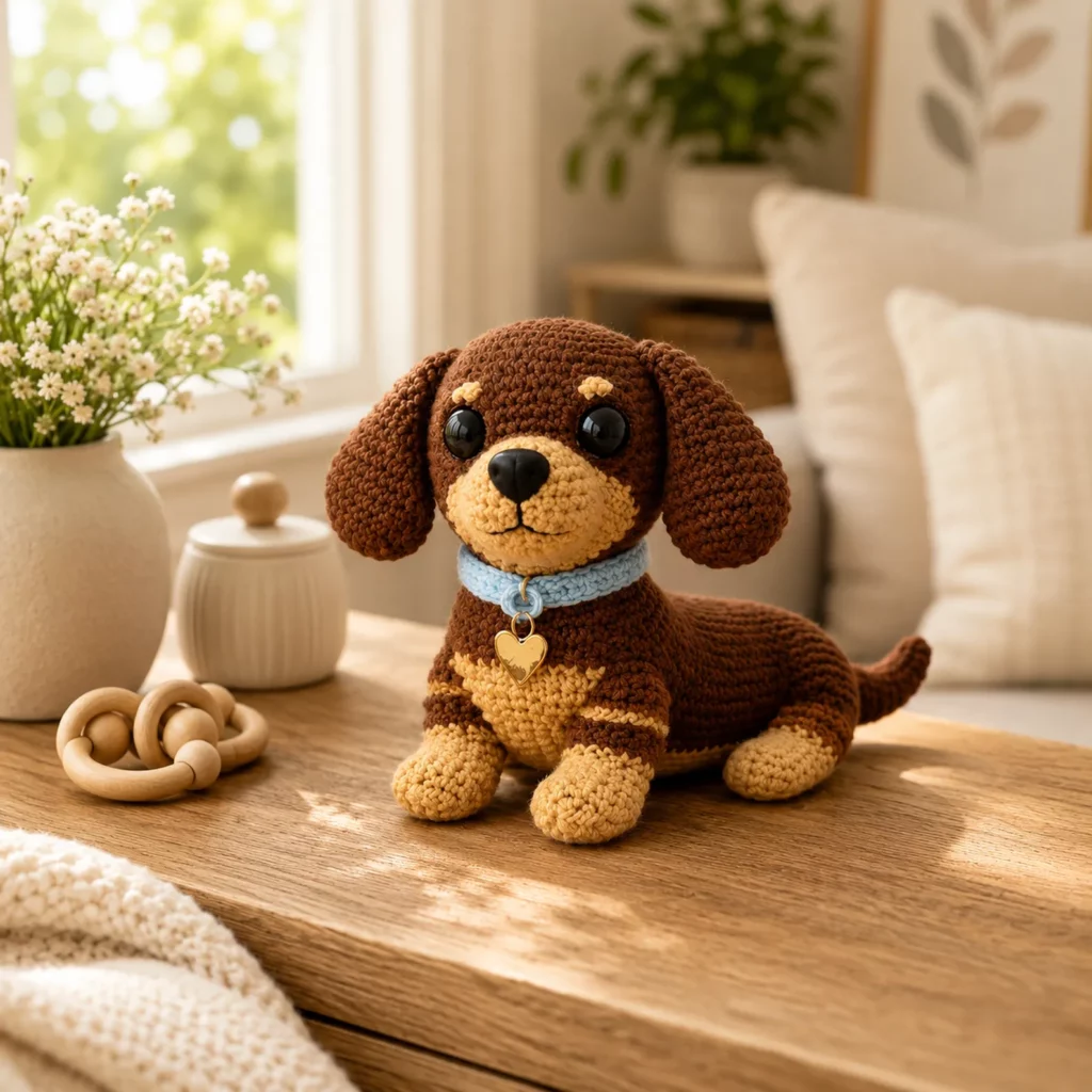 Dachshund Puppy Amigurumi Crochet Pattern With Floppy Ears, Colorwork Markings, and a Cute Collar (photo 1)