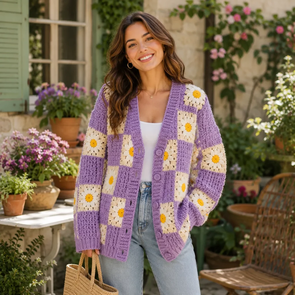 Daisy Granny Square Cardigan Crochet Pattern: A Bold Retro Patchwork Sweater With Ribbed Edges and Buttons (photo 1)