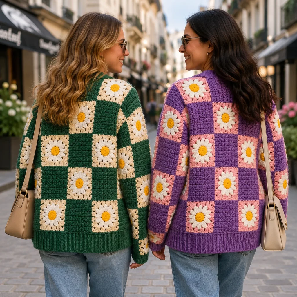 Daisy Granny Square Cardigan Crochet Pattern: A Bold Retro Patchwork Sweater With Ribbed Edges and Buttons (photo 3)