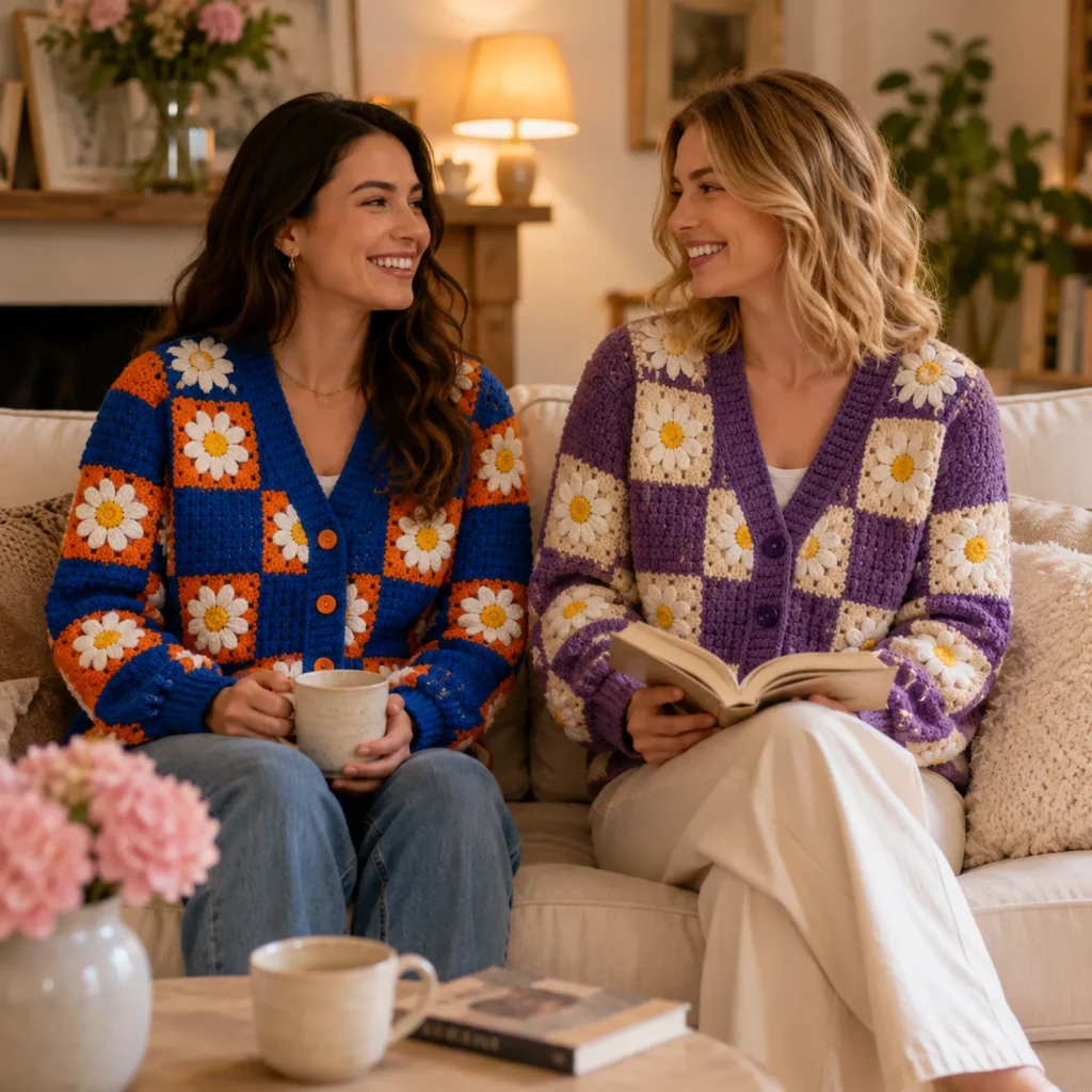Daisy Granny Square Cardigan Crochet Pattern: A Bold Retro Patchwork Sweater With Ribbed Edges and Buttons (photo 2)