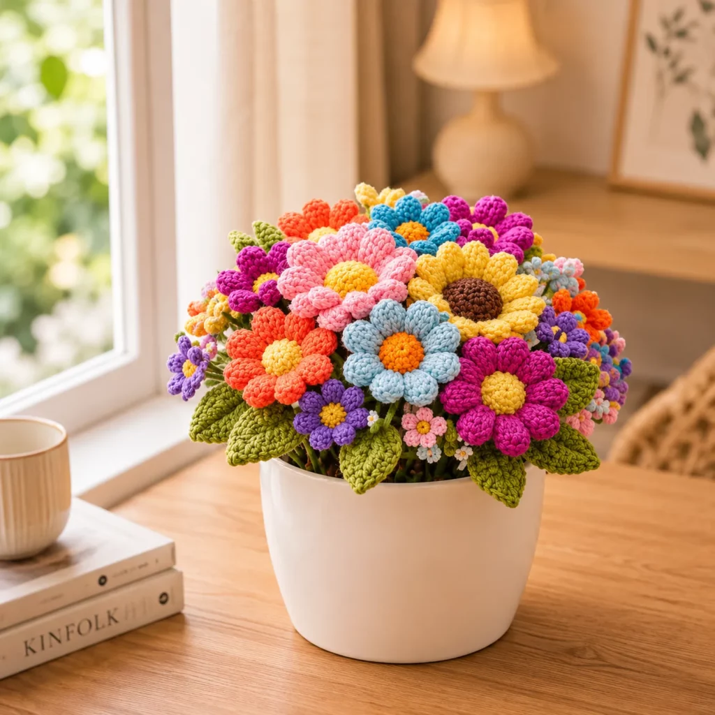 Colorful Crochet Flower Bouquet Crochet Pattern: Easy 3D Blooms and Leaves for a Cheerful Pot Arrangement (photo 1)
