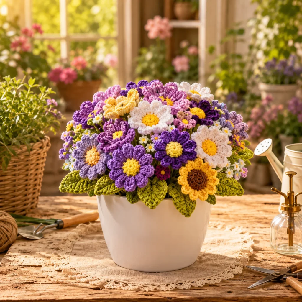 Colorful Crochet Flower Bouquet Crochet Pattern: Easy 3D Blooms and Leaves for a Cheerful Pot Arrangement (photo 3)
