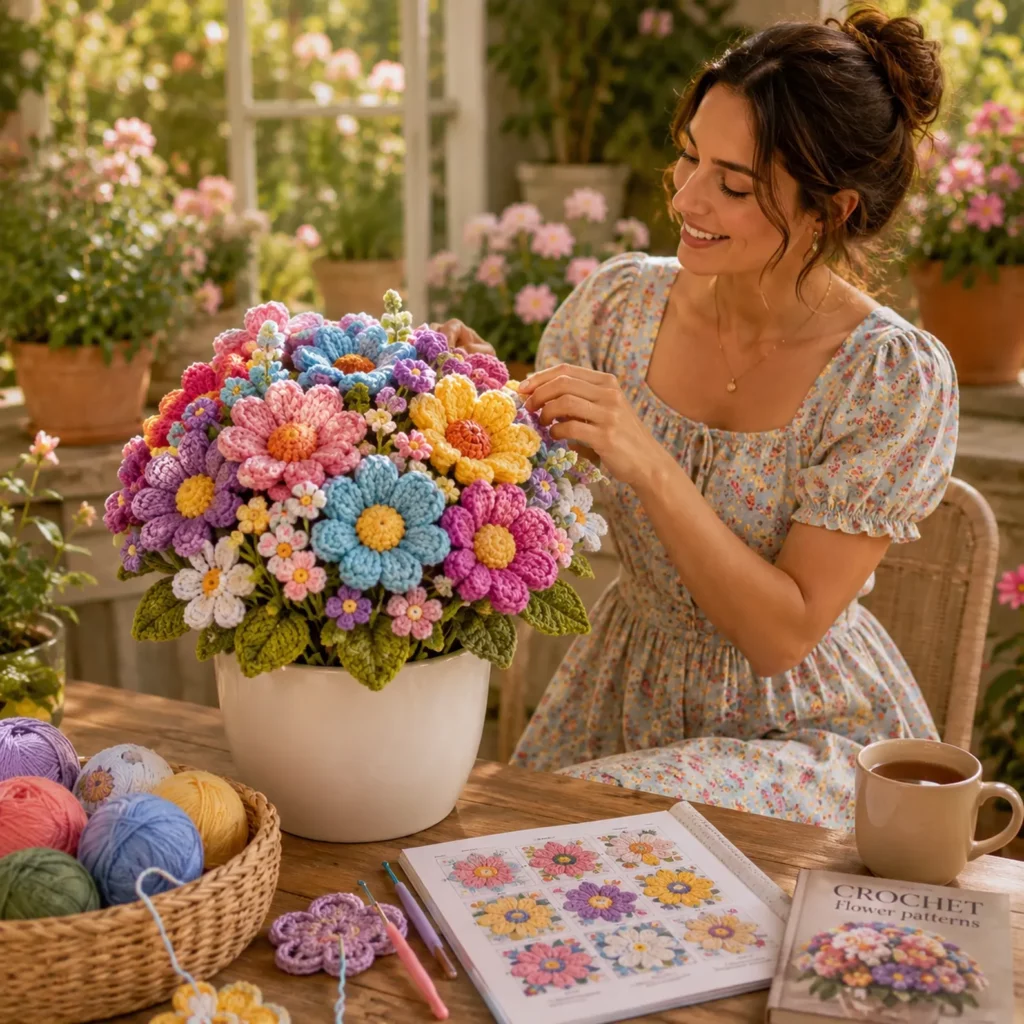 Colorful Crochet Flower Bouquet Crochet Pattern: Easy 3D Blooms and Leaves for a Cheerful Pot Arrangement (photo 2)