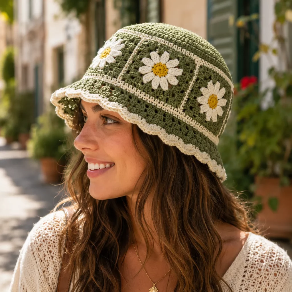 Daisy Patchwork Crochet Bucket Hat Pattern: A Cute Granny Square Sun Hat With Pastel Panels and Scalloped Brim (photo 3)