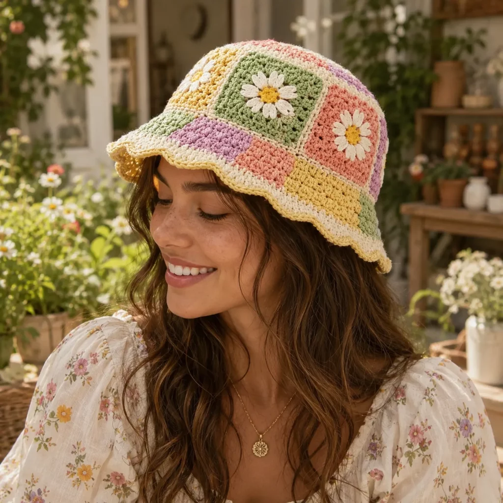 Daisy Patchwork Crochet Bucket Hat Pattern: A Cute Granny Square Sun Hat With Pastel Panels and Scalloped Brim (photo 1)
