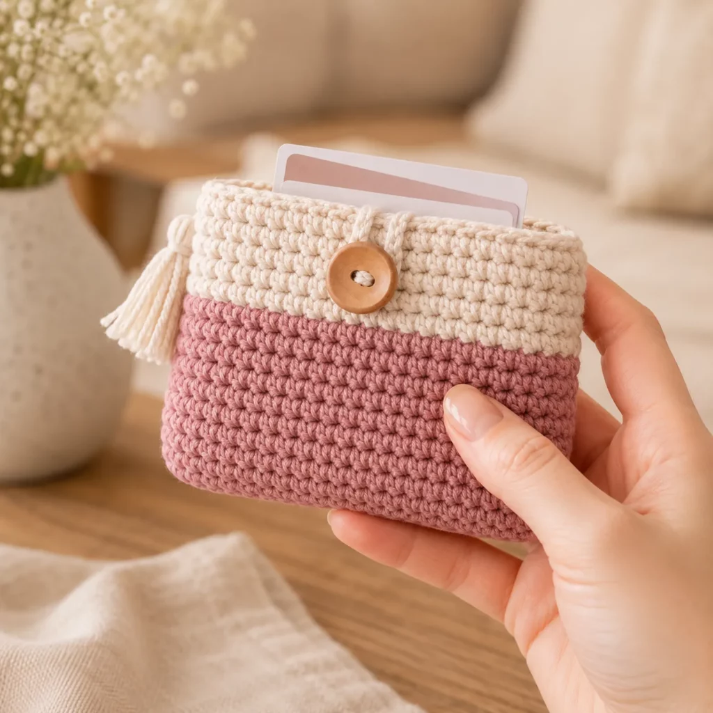 Easy Crochet Pattern for a Color Block Mini Wallet With Button Loop and Tassel (photo 1)