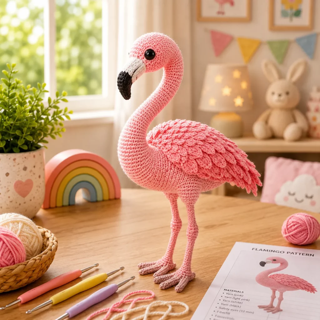 Flamingo Amigurumi Crochet Pattern: A Cute Long-Leg Bird Plush With Feather Wings and a Curved Beak (photo 2)