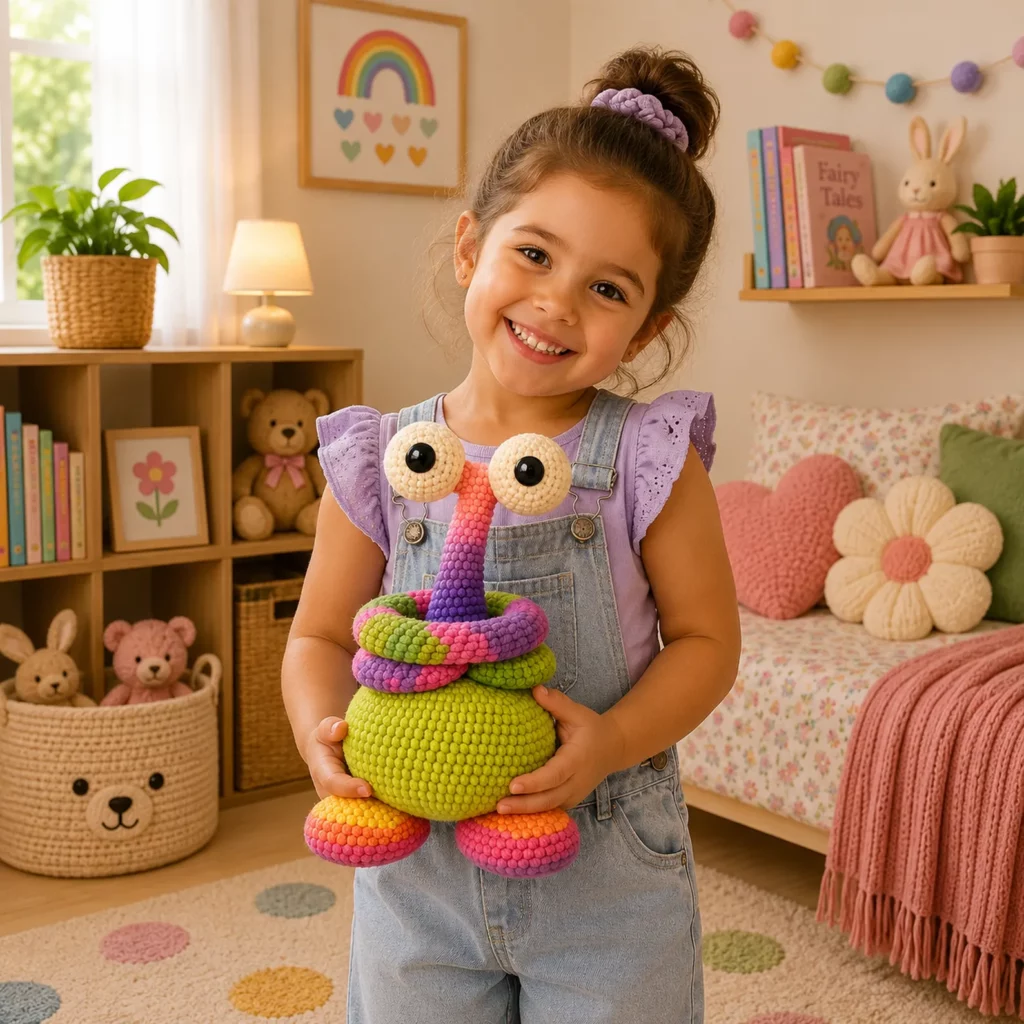 Funny Long-Neck Monster Amigurumi Crochet Pattern With Big Eyes, Chunky Body, and Colorful Coils (photo 3)