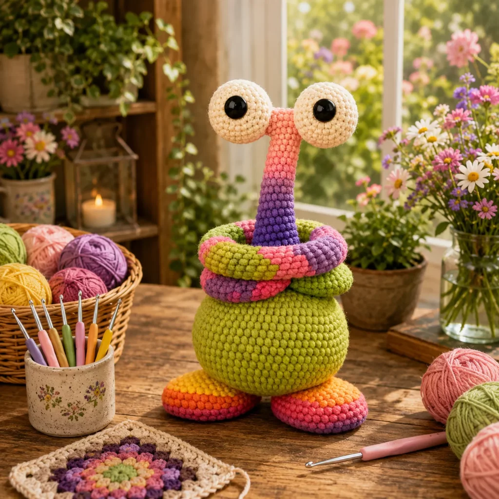 Funny Long-Neck Monster Amigurumi Crochet Pattern With Big Eyes, Chunky Body, and Colorful Coils (photo 1)