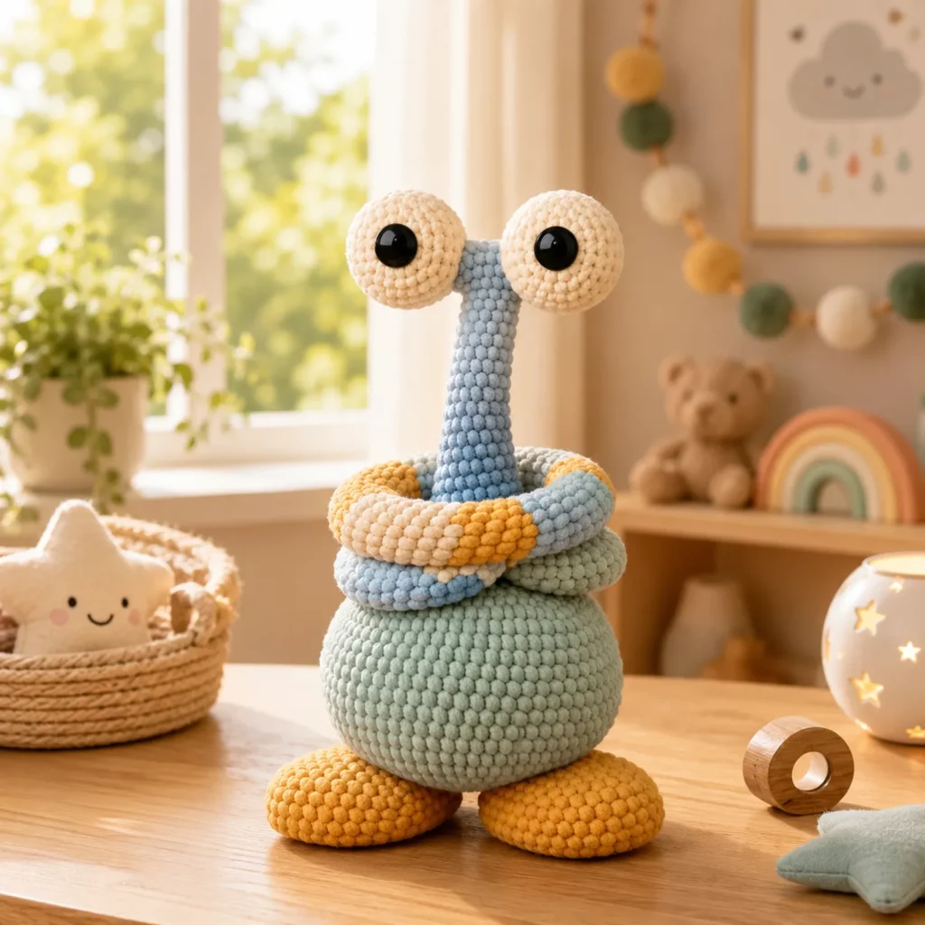 Funny Long-Neck Monster Amigurumi Crochet Pattern With Big Eyes, Chunky Body, and Colorful Coils (photo 2)