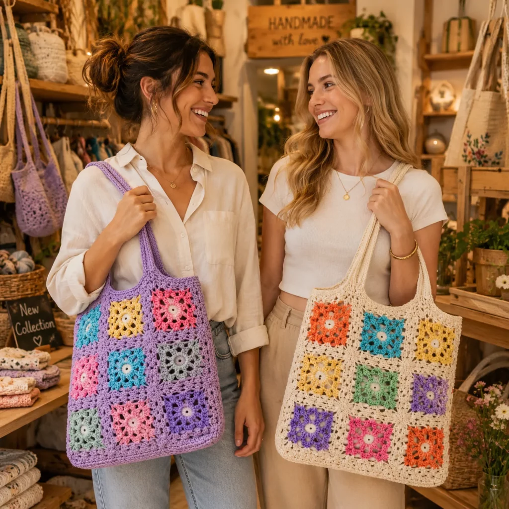 Granny Square Tote Bag Crochet Pattern: A Colorful Patchwork Market Bag With Strong Straps and a Clean Lined Look (photo 1)