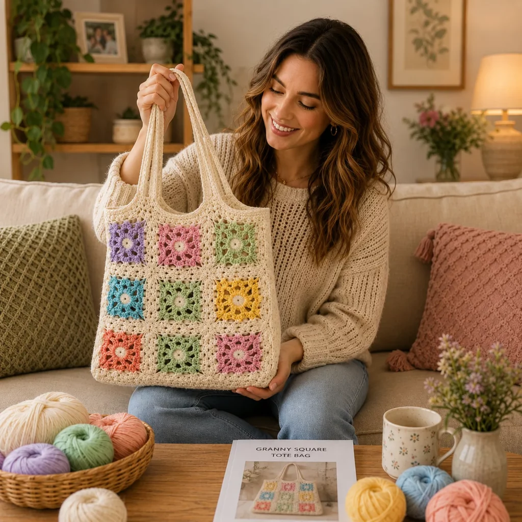 Granny Square Tote Bag Crochet Pattern: A Colorful Patchwork Market Bag With Strong Straps and a Clean Lined Look (photo 2)