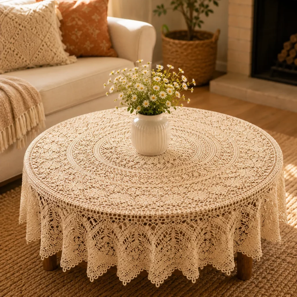 Heirloom Lace Round Tablecloth Crochet Pattern: Elegant Sunburst Center With Floral Rings and Scalloped Draped Edge (photo 1)