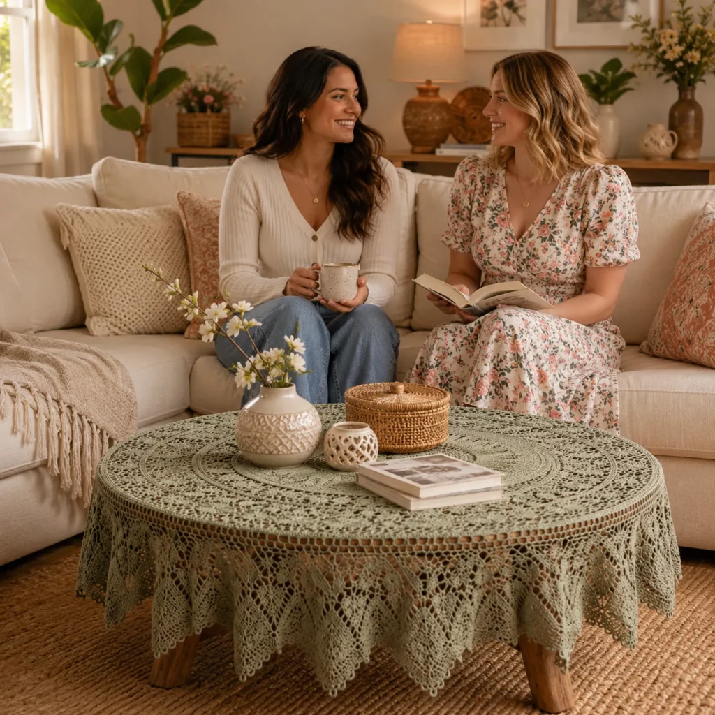 Heirloom Lace Round Tablecloth Crochet Pattern: Elegant Sunburst Center With Floral Rings and Scalloped Draped Edge (photo 3)