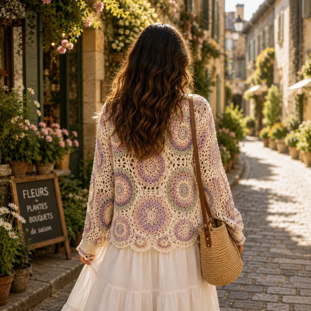 Mandala Lace Cardigan Crochet Pattern With Granny Square Motifs and Scalloped Hem (photo 3)