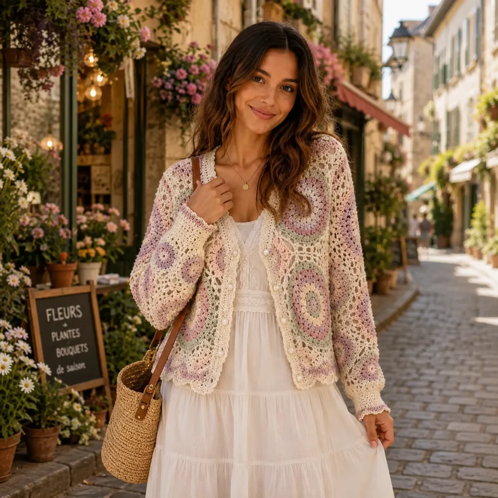 Mandala Lace Cardigan Crochet Pattern With Granny Square Motifs and Scalloped Hem (photo 1)