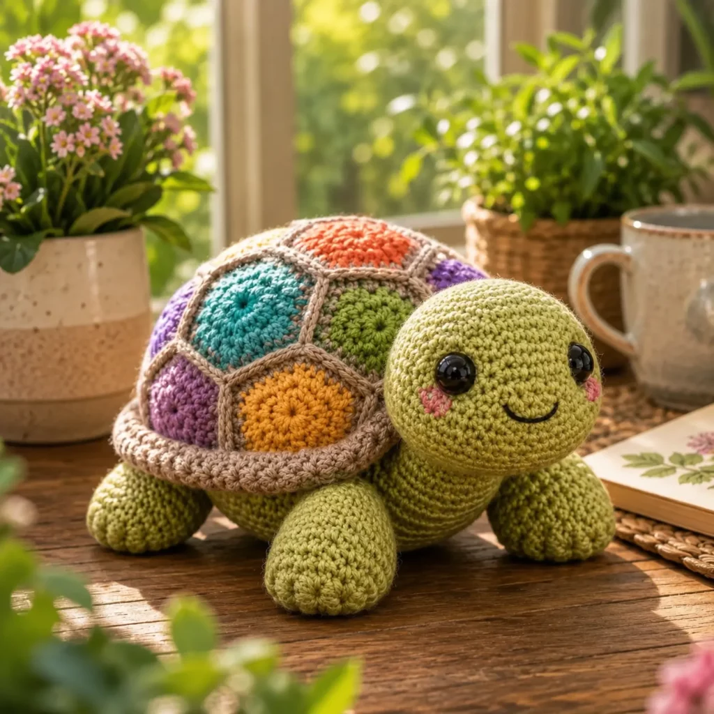 Patchwork Turtle Amigurumi Crochet Pattern: A Cute Plush Turtle With Granny Hexagon Shell and Chubby Legs (photo 1)