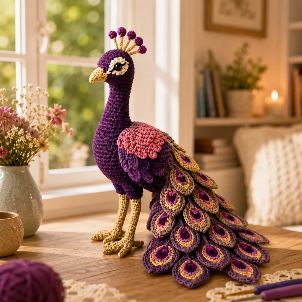 Peacock Amigurumi Crochet Pattern With Feather Tail Eyes and Elegant Long Neck (photo 1)