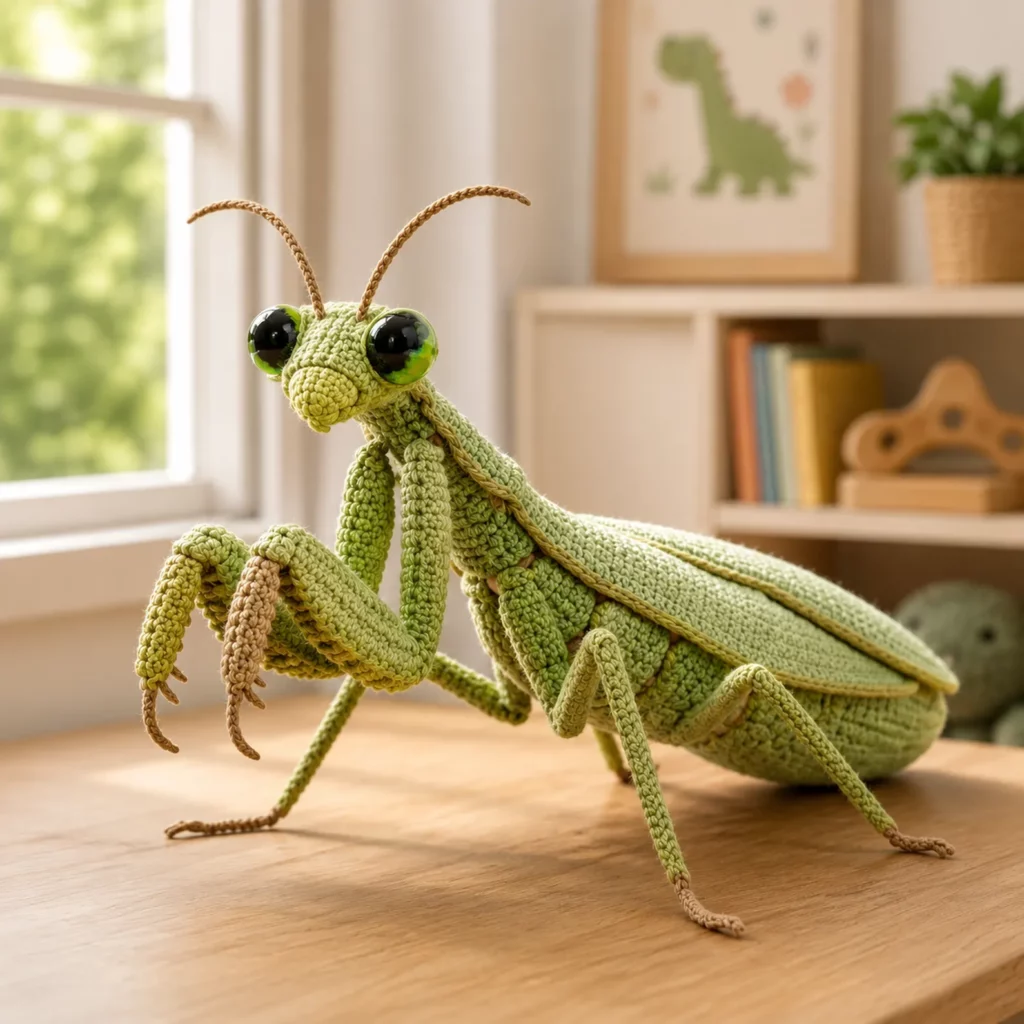 Praying Mantis Amigurumi Crochet Pattern With Big Eyes, Folded Arms, and Realistic Wings (photo 1)