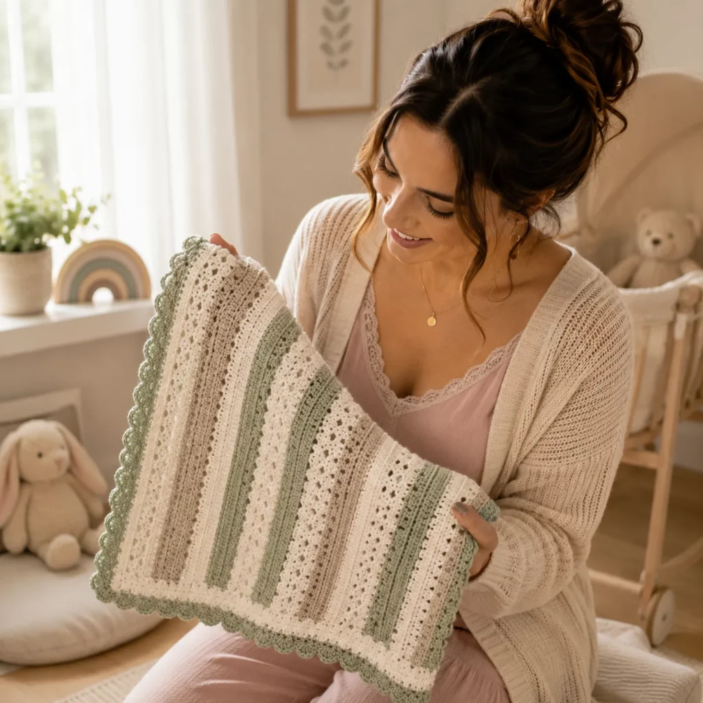 Striped Heirloom Baby Blanket Crochet Pattern: Easy Lace Panels + Scalloped Border for a Classic Nursery Look (photo 2)