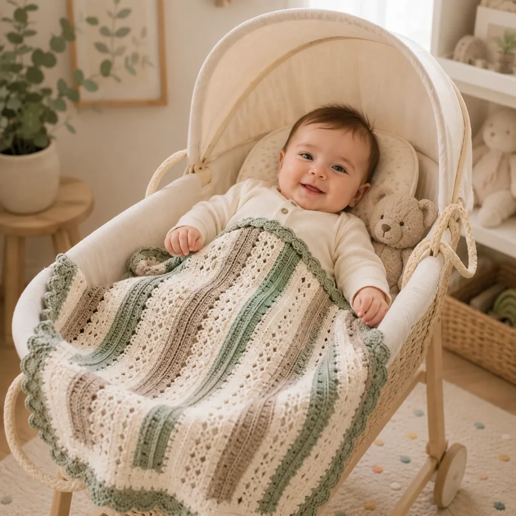 Striped Heirloom Baby Blanket Crochet Pattern: Easy Lace Panels + Scalloped Border for a Classic Nursery Look (photo 1)