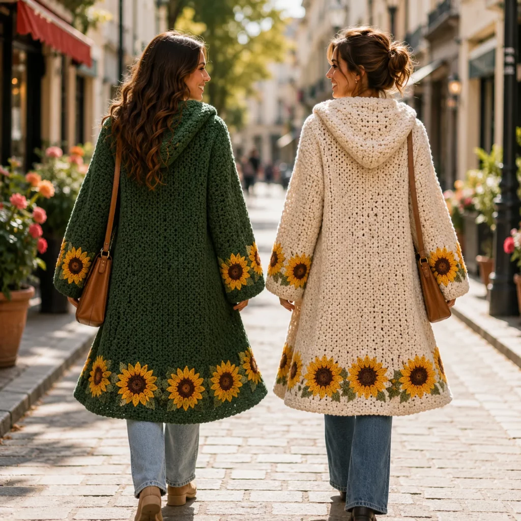 Sunflower Duster Cardigan Crochet Pattern: A Dramatic Long Coat With Bell Sleeves and Bold Floral Borders (photo 2)