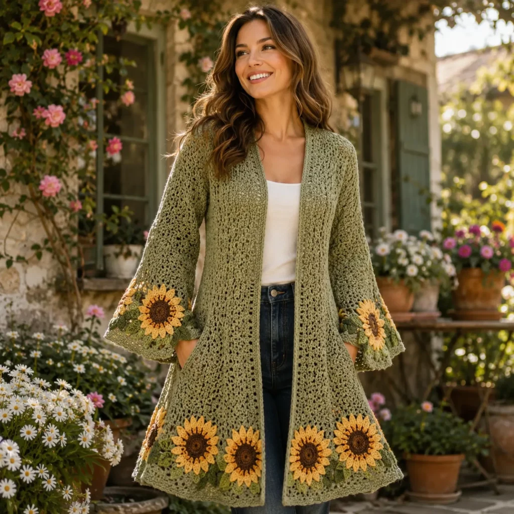 Sunflower Duster Cardigan Crochet Pattern: A Dramatic Long Coat With Bell Sleeves and Bold Floral Borders (photo 1)