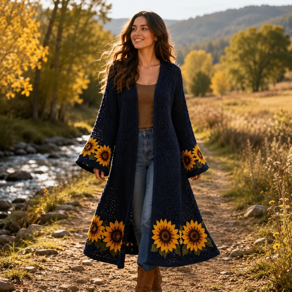 Sunflower Duster Cardigan Crochet Pattern: A Dramatic Long Coat With Bell Sleeves and Bold Floral Borders (photo 3)