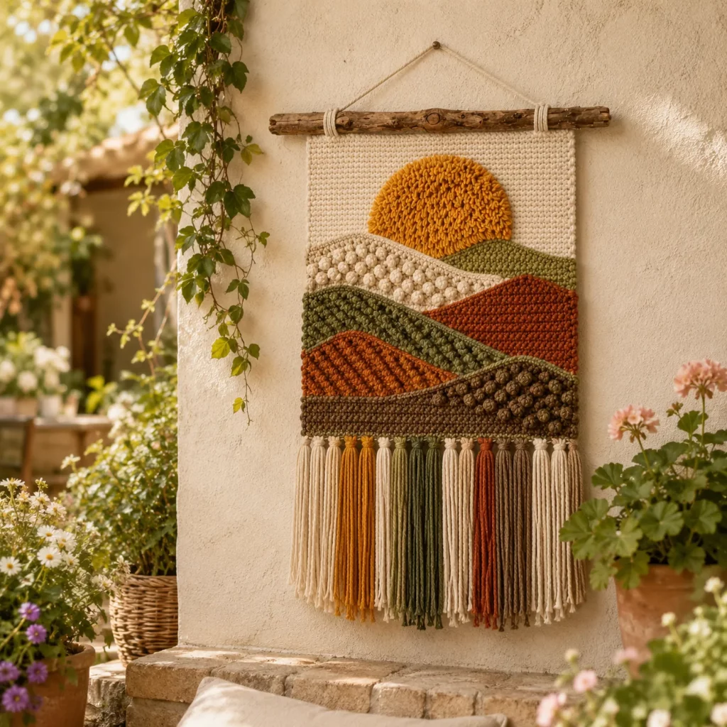 Sunset Landscape Crochet Wall Hanging Crochet Pattern With Textured Hills and Fringe (photo 1)