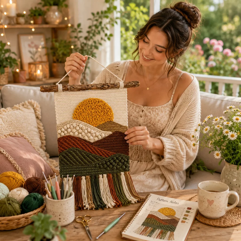 Sunset Landscape Crochet Wall Hanging Crochet Pattern With Textured Hills and Fringe (photo 2)