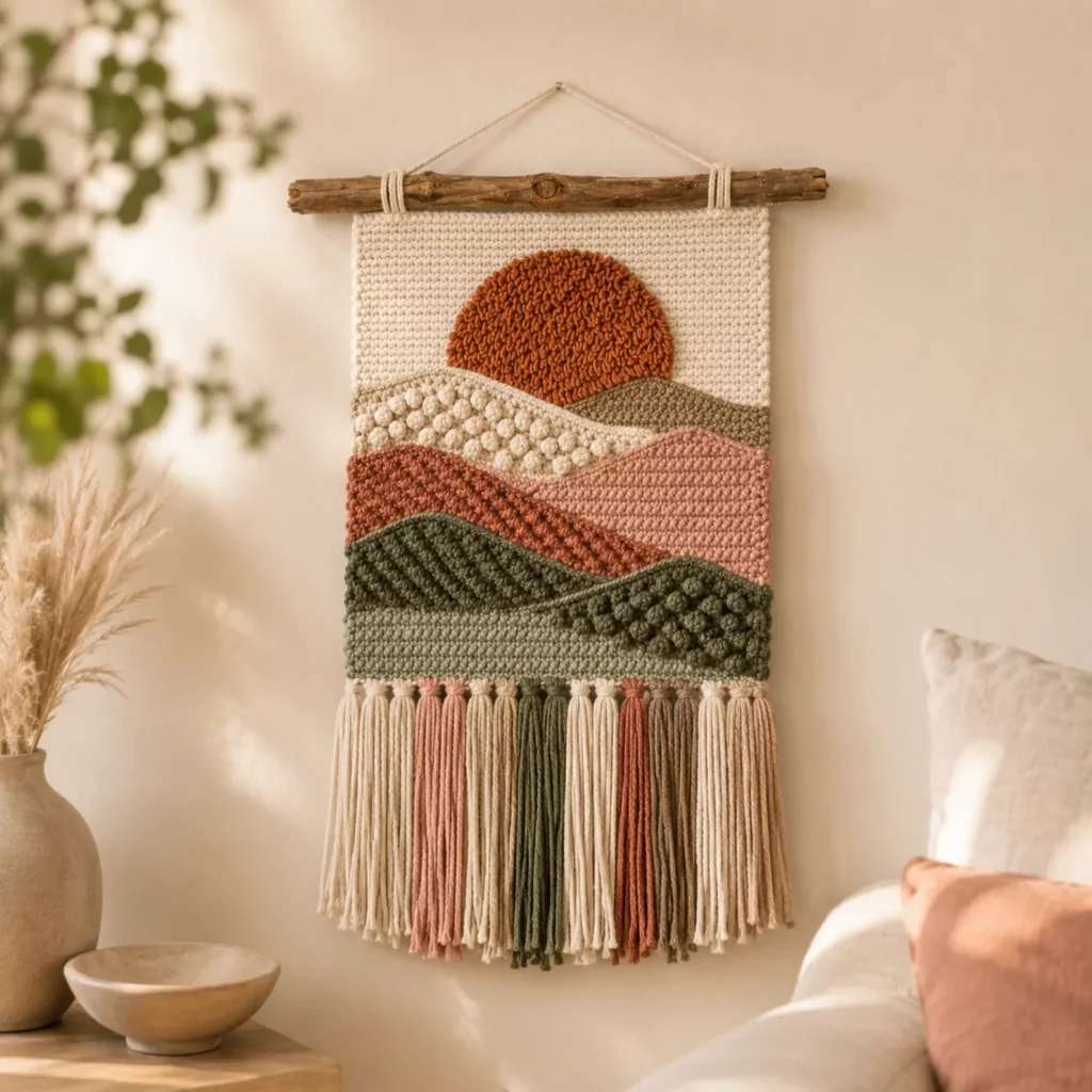 Sunset Landscape Crochet Wall Hanging Crochet Pattern With Textured Hills and Fringe (photo 3)