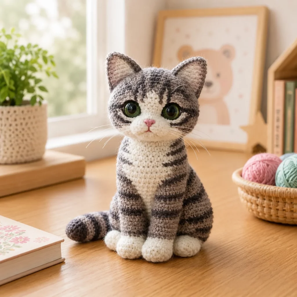 Tabby Cat Amigurumi Crochet Pattern: A Cute Realistic Kitty Plush With Big Eyes, Stripes, White Paws, and Curly Tail (photo 1)