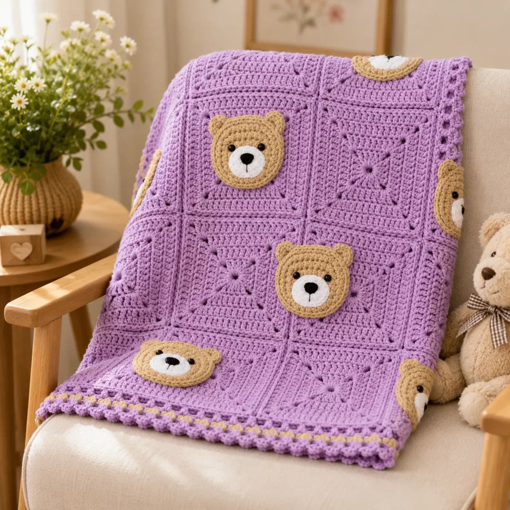 Teddy Bear Granny Square Blanket Crochet Pattern (photo 1)