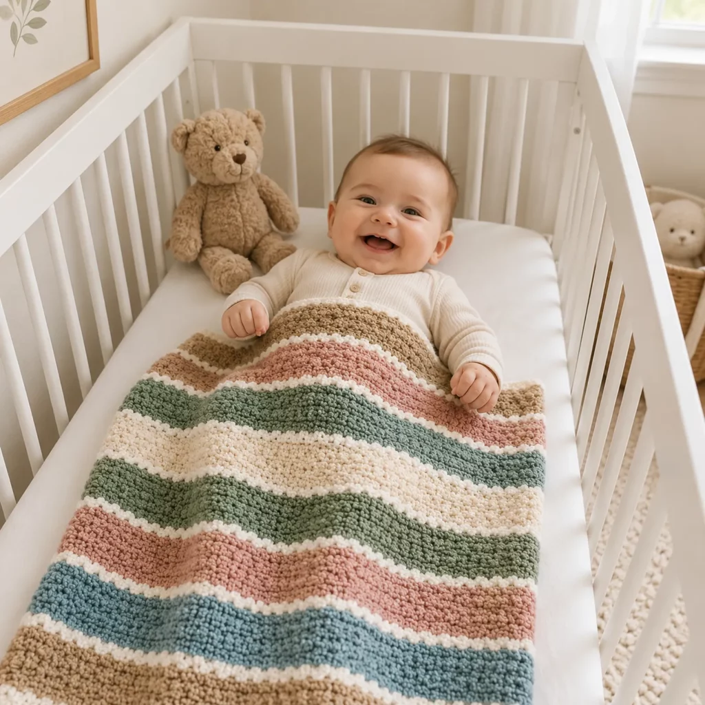 Textured Striped Baby Blanket Crochet Pattern: Cozy Puff-Stitch Stripes With Clean White Dividers (photo 1)