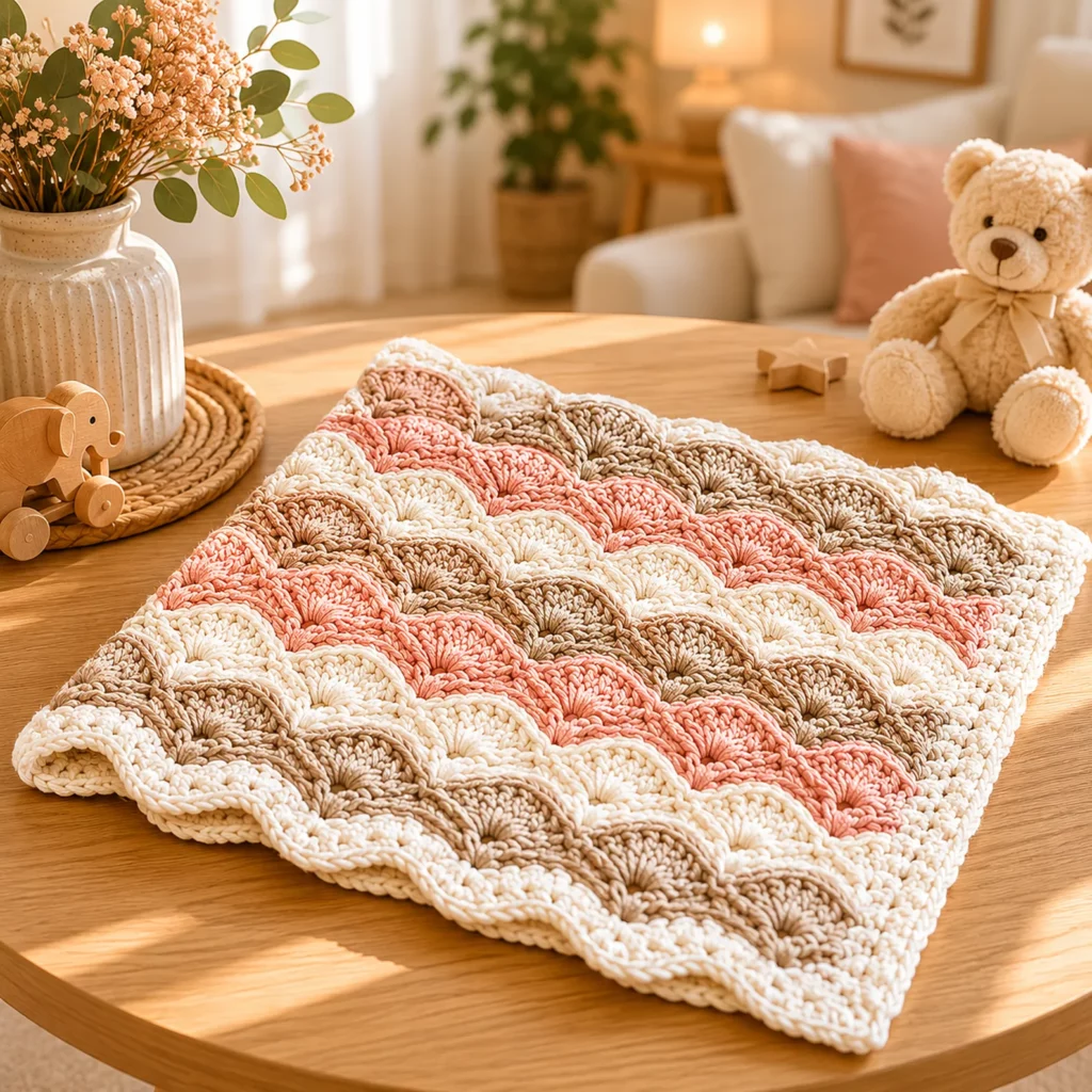 Wave Shell Baby Blanket Crochet Pattern: Cozy Ripple Stripes With Easy Fan Stitch Texture (photo 1)