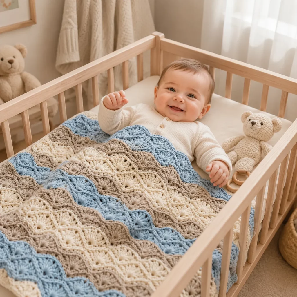Wave Shell Baby Blanket Crochet Pattern: Cozy Ripple Stripes With Easy Fan Stitch Texture (photo 3)