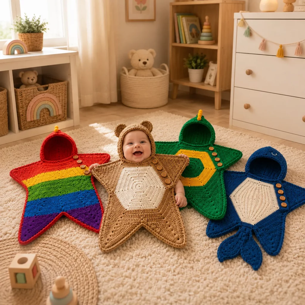 4-in-1 Baby Cocoon Crochet Pattern: Hooded Star Sleep Sack With Cute Animal Themes (Dino, Bear, Mermaid, Rainbow) (photo 1)