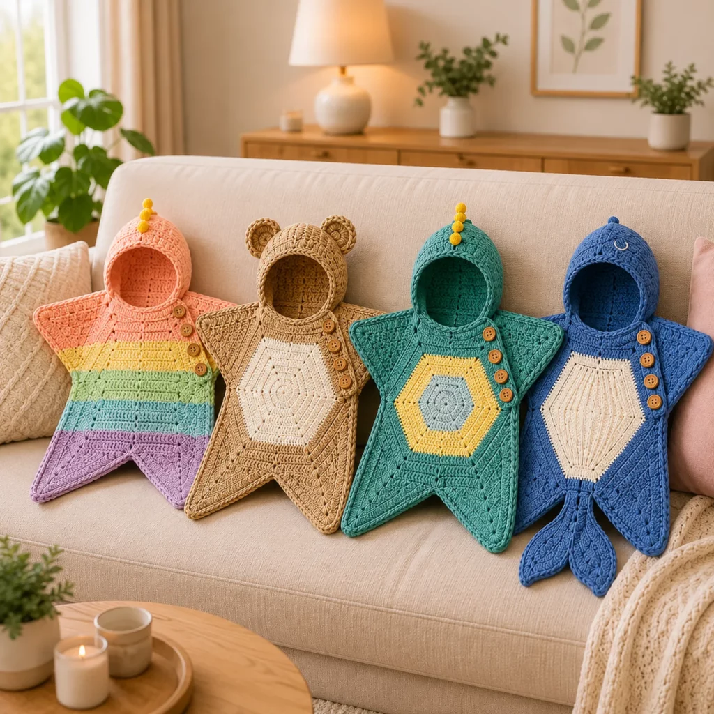 4-in-1 Baby Cocoon Crochet Pattern: Hooded Star Sleep Sack With Cute Animal Themes (Dino, Bear, Mermaid, Rainbow) (photo 3)