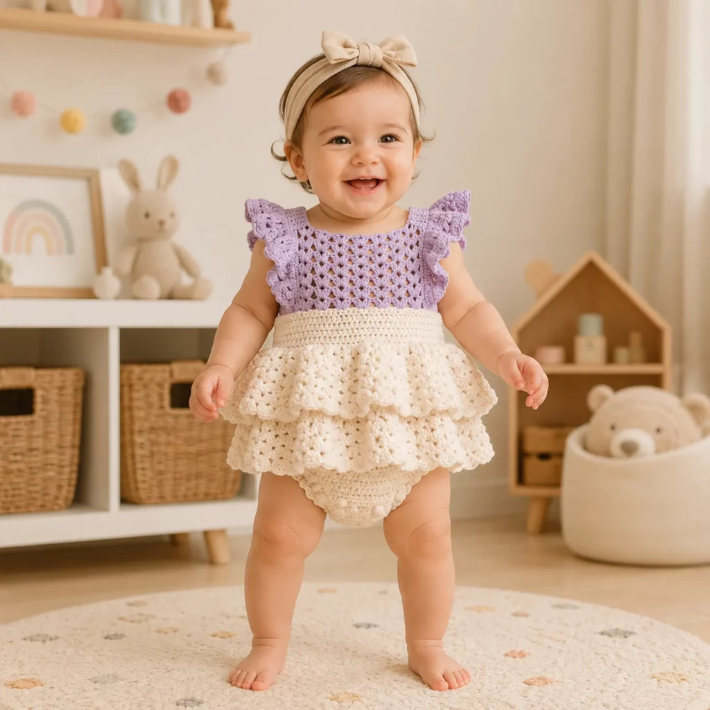 Adorable Baby Crochet Pattern for a Ruffled Summer Romper Dress (photo 1)